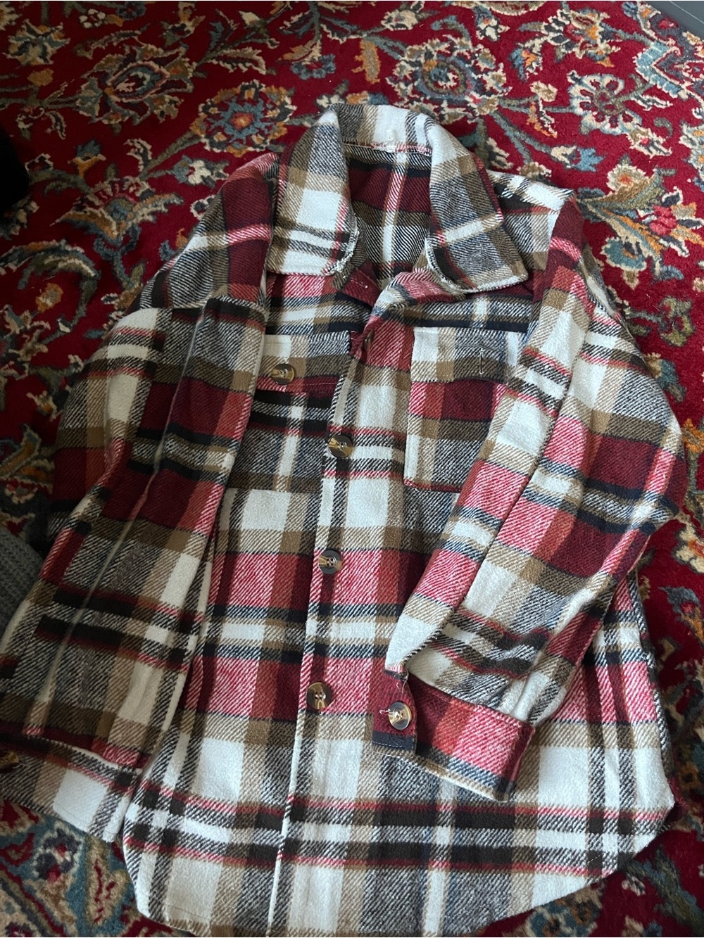 Plaid Button-Up Shacket in Red, Brown & Cream